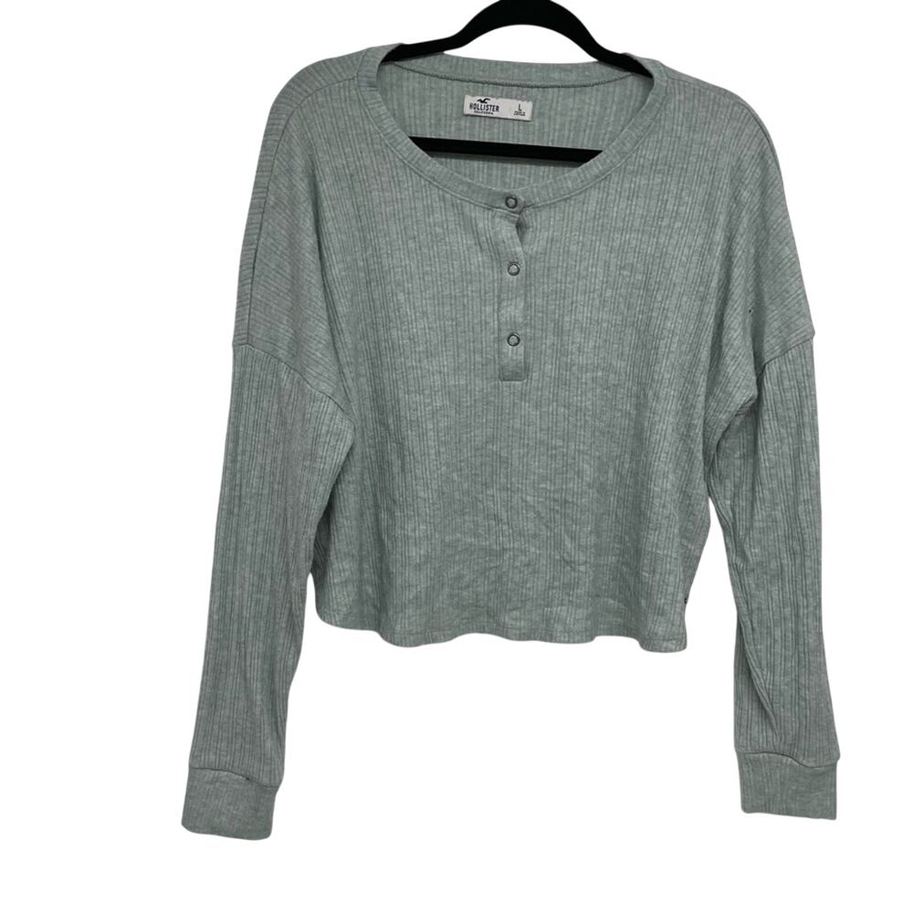 Hollister Green Cropped Ribbed Long Sleeve Sweater Womens L Casual Boxy Fit Top